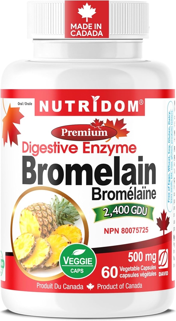 Nutridom Bromelain Digestive Enzyme Pineapple kosttilskudd, 2400 GDU, 500mg, Non-GMO, Vegan, Gratis av Gluten, Soya & Dairy (60 Count)