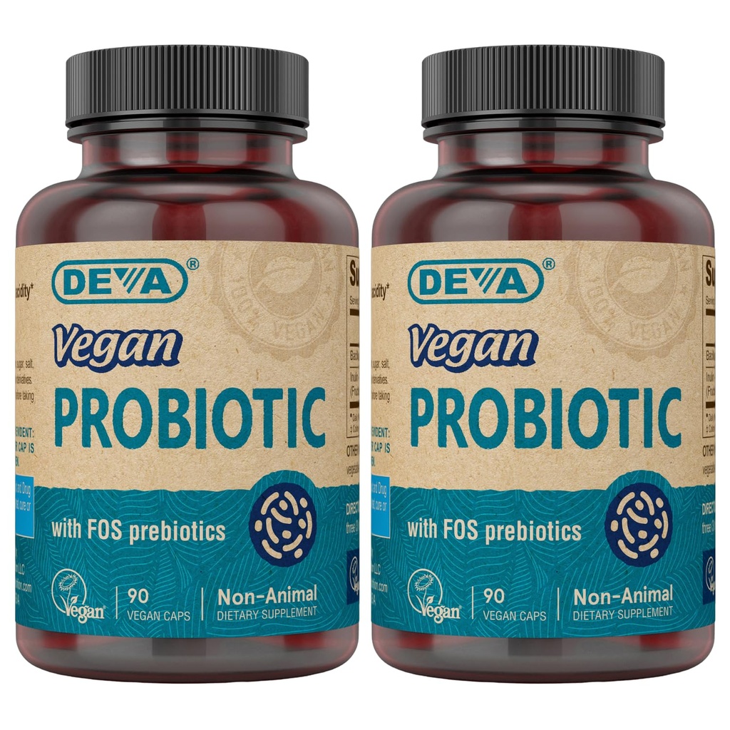 DeVA Vegan Probiotic med FOS Prebiotics Supplement - 2 milliarder CFU med 100 MG prebiotika per servering for menn og kvinner - ikke-dampende glutenfri - naturlig holdbare stabil - 90 kapsler (pakke med 2)