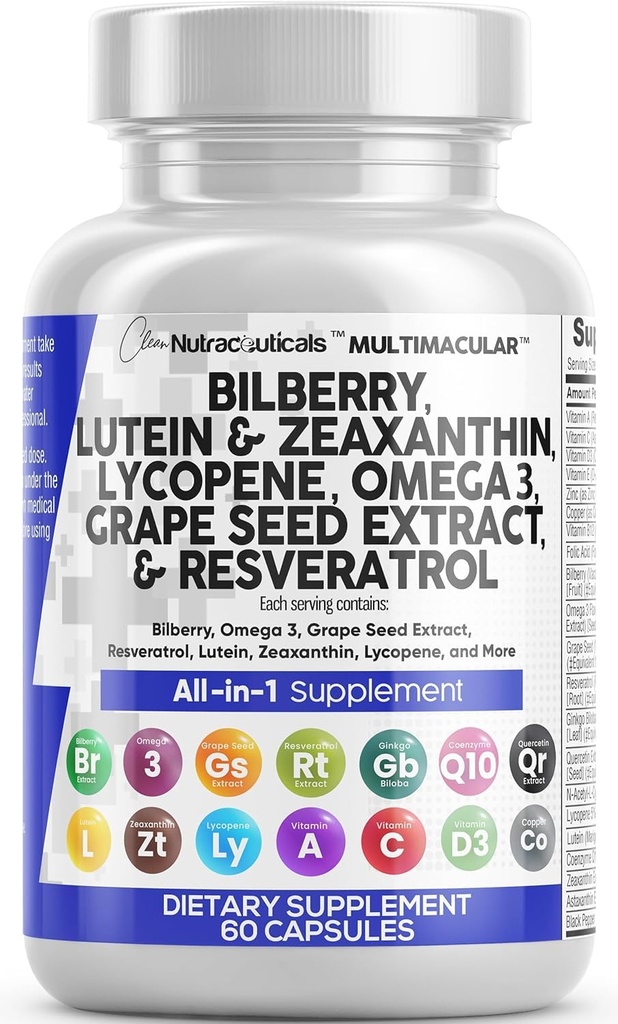 Rent Nutra Eye Vitaminer med Bilbær Lutein og Zeaxanthin Kosttilskudd Lycopen 40 mg Resveratrol Grape frø Astaxanthin for øyne - Eye Care Helse Støtte Eye Vitamin og Mineral Supplement