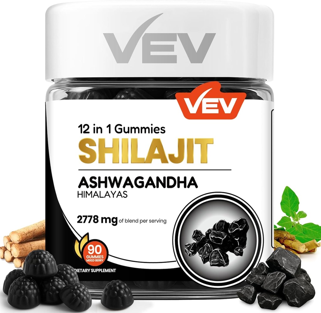 VEV Shilajit Gummier for menn og kvinner | 1000mg Shilajit & Ashwagandha Gummies med Sea Moss & L-Theanine for energi, Vitality & Stress Balance | Vegan, Ingen lagt sukker | 90 greve for daglig velvære