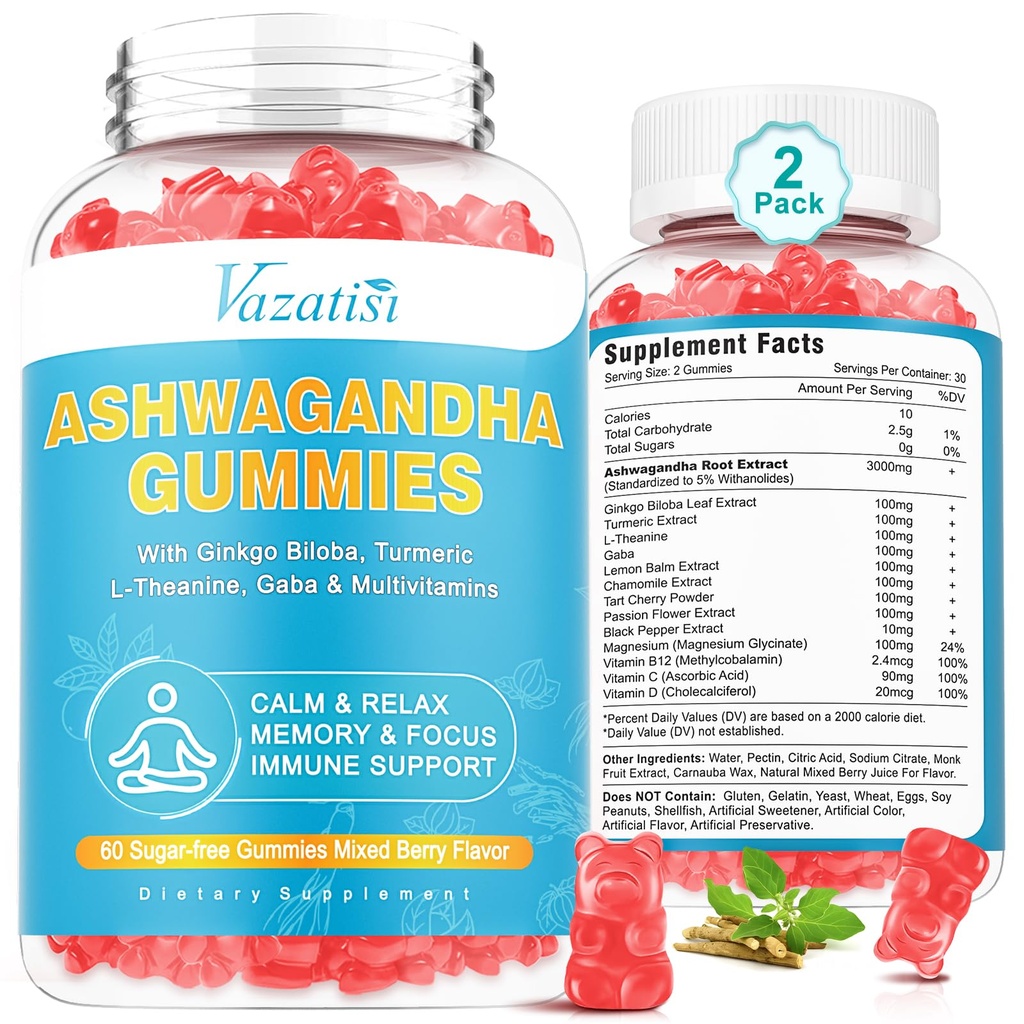 2 Pack Ashwagandha Gummies med turmerisk GABA Mood Energy og immunstøtte, blandet Berry Flavor 120 Cts
