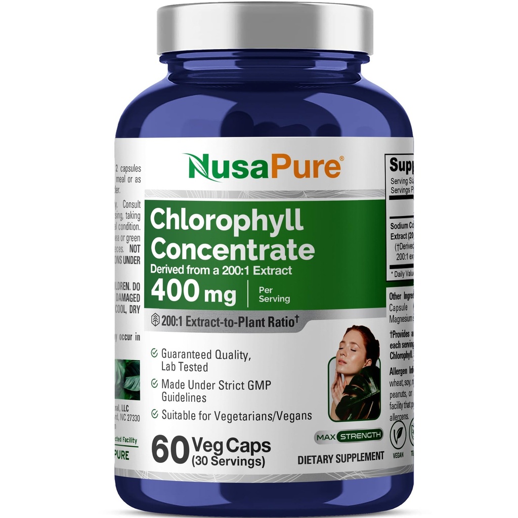 NusaPure Klorofyll 200:1 Ekstrakt, 400 mg Ekvivalent med 80.000 mg 60 Veggie Caps (Equivalent 80000mg per servering, ikke-GMO, Vegan) Natrium Kobber Klorofyllin