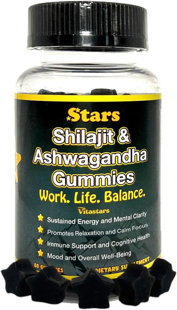 Shilajit Ashwagandha Gummies - Immunstøtte Supplement med ren Shilajit Resin - Økologisk Ashwagandha Gummy for stress, energi og velvære, 60 naturlige stjerner-Shaped Gummies