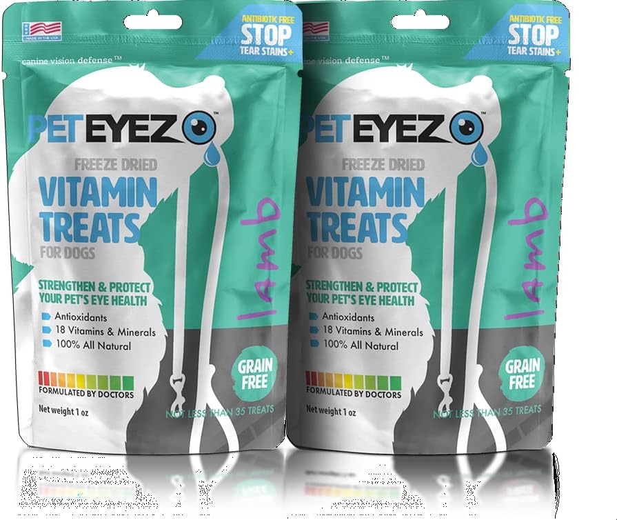 Pet Eyez-Dog Tear Stain Remover - Tear Stain Remover for hunder - Hunde Eye Care -Dog behandler med Astaxanthin, Blåbærfrukt pulver, lutein, kornfri, all-naturlig protein (lamb-2 Pack)