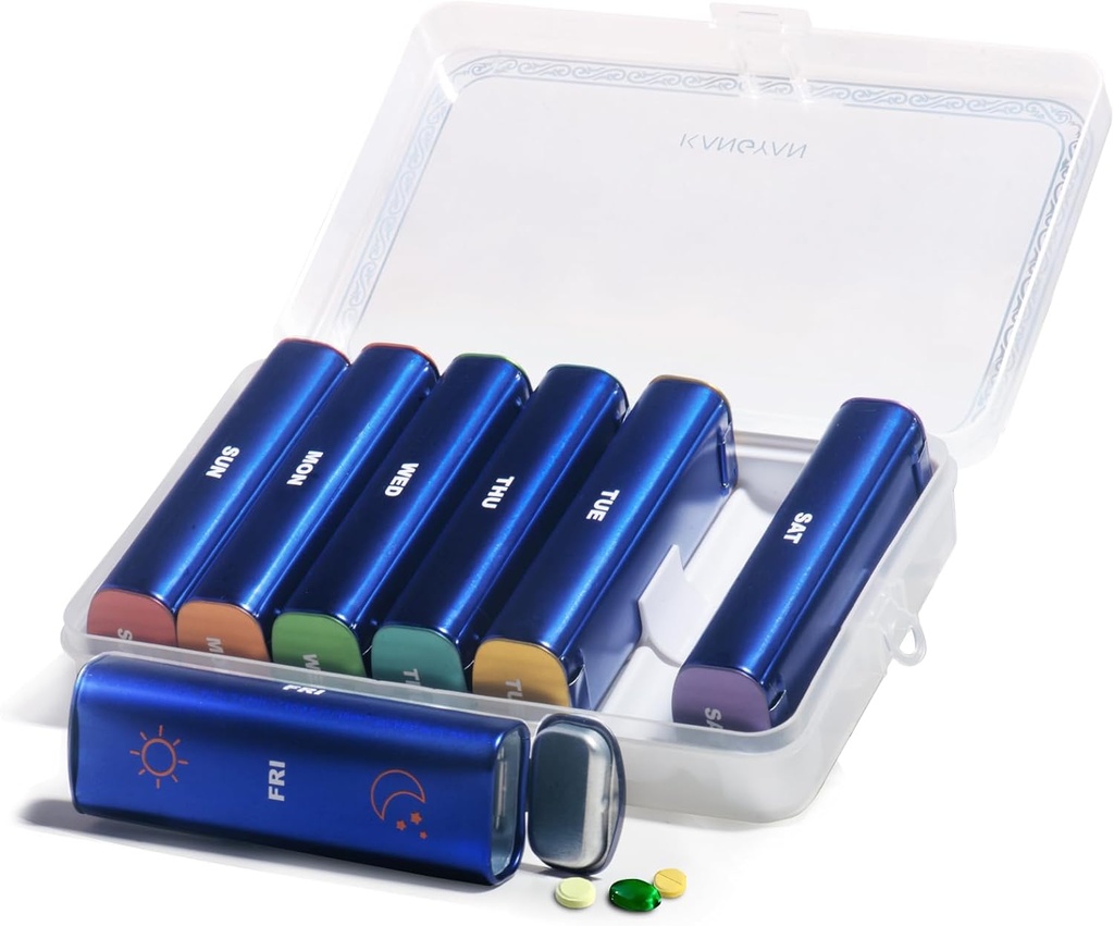 Metall Weekly Pille Organizer 2 ganger om dagen, Aluminium alloy Bærbar reisepille 7 dag, PM to ganger daglig piller tilfelle for vitamin, medisin, kosttilskudd, fiskeolje
