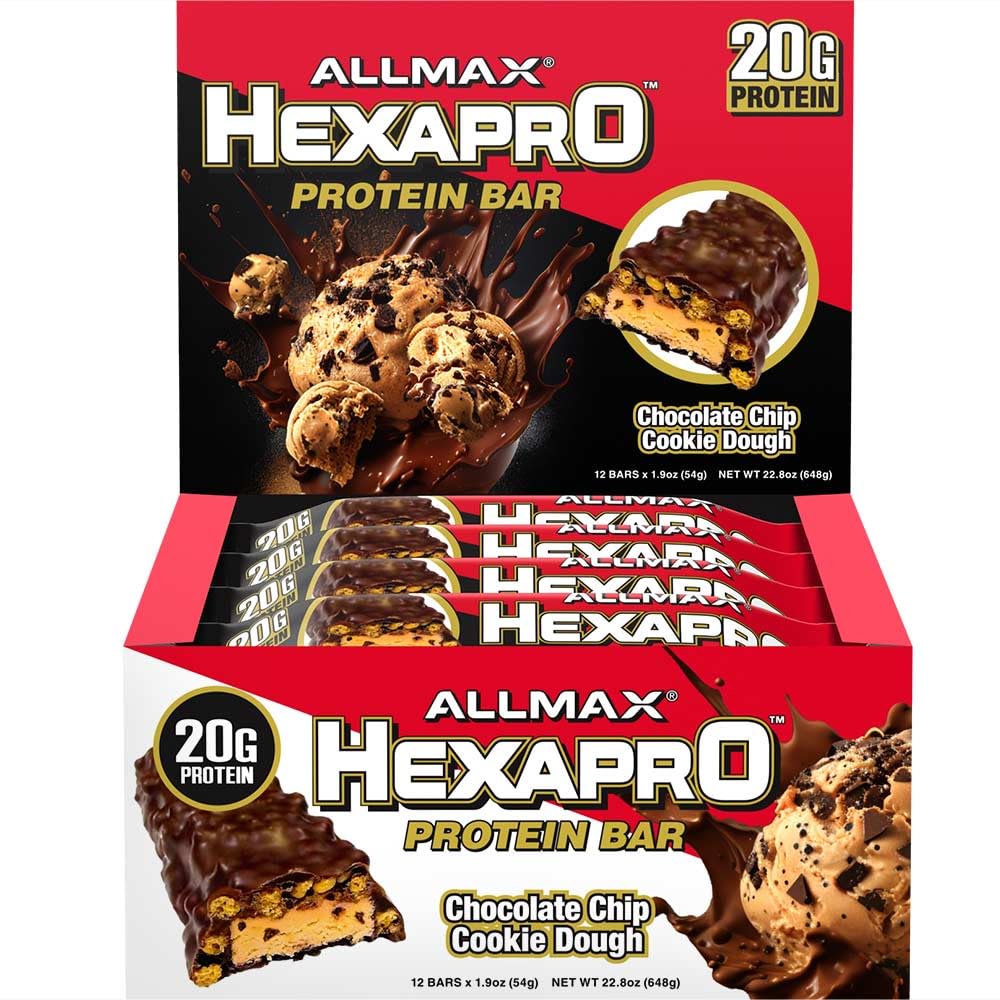 ALLMAX HEXAPRO PROTEIN BAR, Sjokolade Chip Cookie Dough - Pakke med 12 - høyprotein energi Snack - 20 g protein per bar - med Whey Protein Isolate