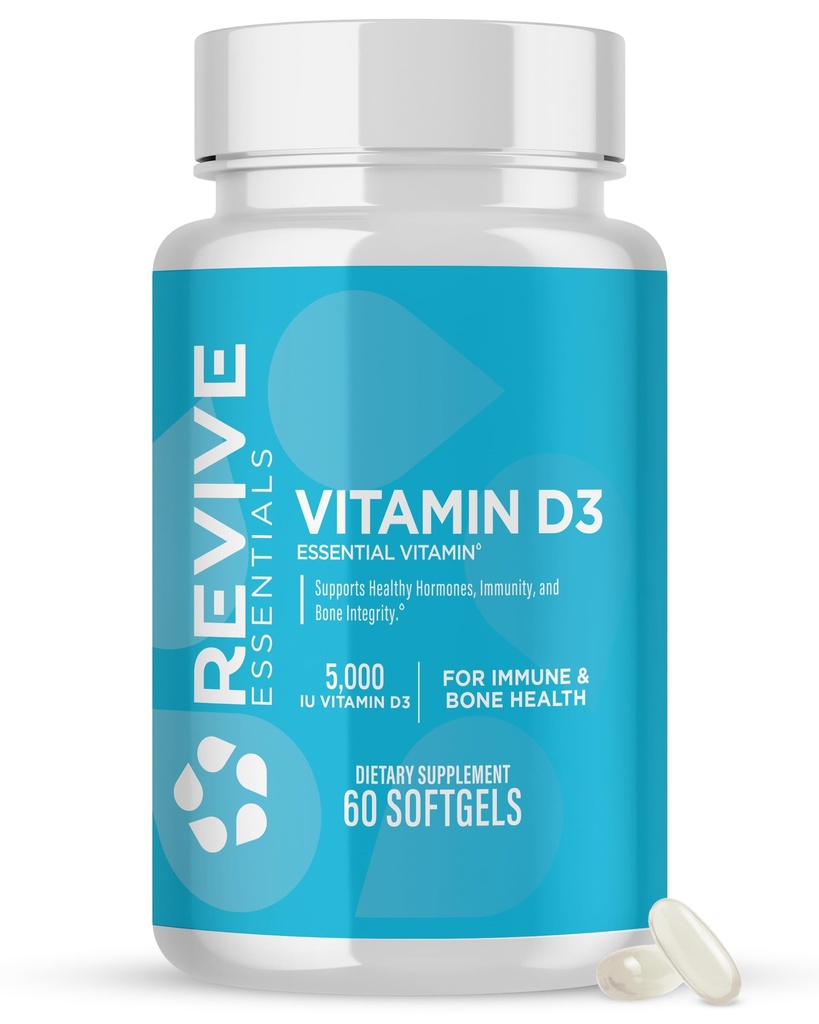 Revive MD-vitamin D3 Supplement, 5000 IE - høy potens Kolecalciferol for immunstøtte, kalsiumabsorpsjon, bein & muskel helse - ikke-GMO Diett Supplement uten fyllstoffer - 60 Softgels