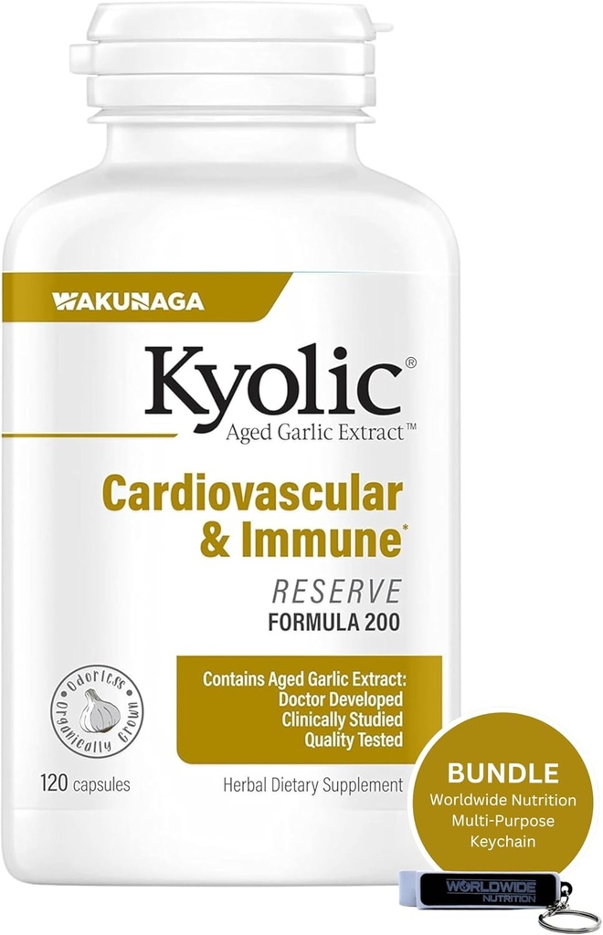 Over hele verden Ernæring Bundle Kompatibel med Kyolic Aged Garlic Extract, Cardiovaskulær & Immune - Reserve Formula 200, Kyolc Aged Garlic Extract Kapsler 120 greve og Multi-Purpose Key Chain