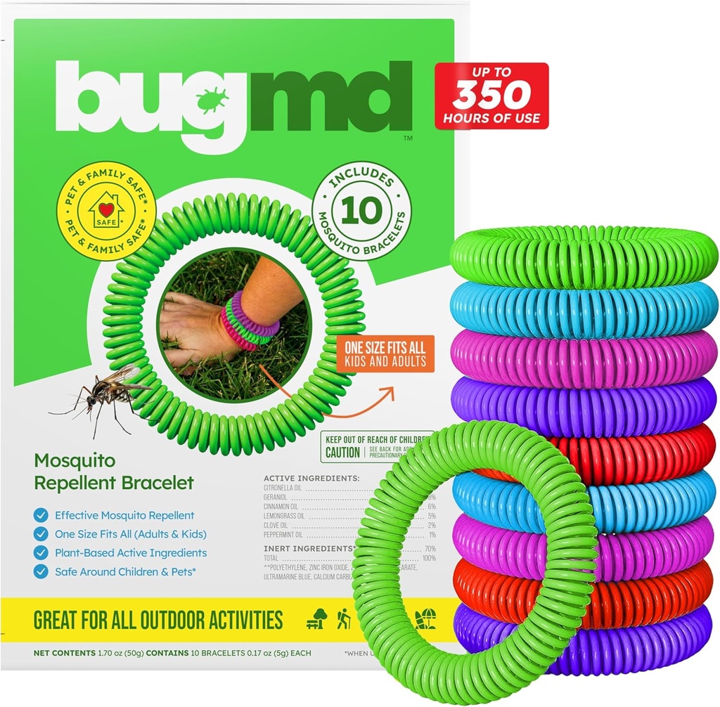 BugMD 10 Pakke Mosquito armbånd, DEET-fri band for voksne og barn, Naturlig og vanntett Citronella Wristbands for camping, Vandring, Strand, Reise & Utendørs Essentials