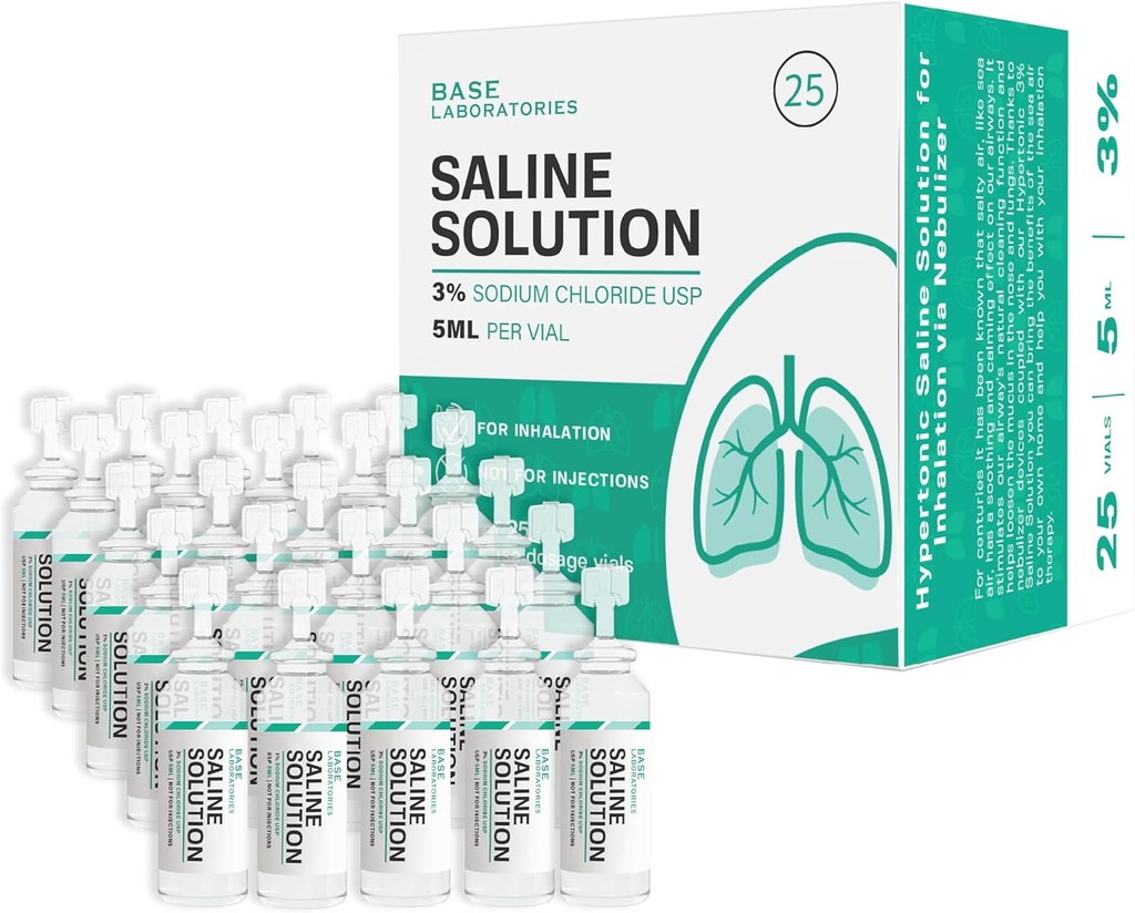 BASE LABORATORIES 3% saltløsning for nebulizermaskin ® saltløsning for isolasjon og nasal irrigasjon ® høy 3% konsentrasjon l 25 vialer 5 ml enhetsdose