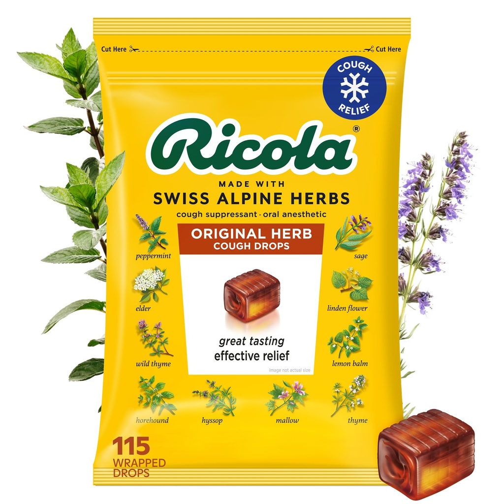 Ricola Original Herb Cough Drops, 115 greve, Cough Suppressant & Throat lindring dråper med naturlig kildet Menthol, glede Herbal smak for grender & Throat Irritation Symptom Relief