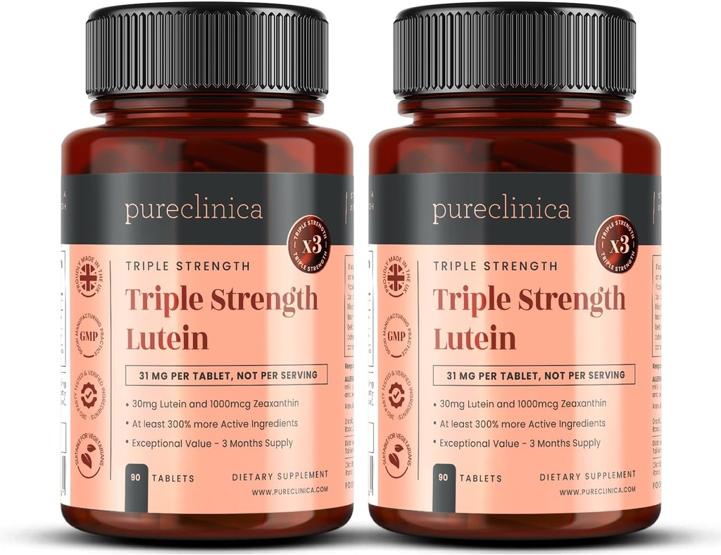 pureclinica Lutein 30mg x 180 tabletter (2 flasker med 90 tabletter i hver). med 1000mcg Zeaxanthin. 3 x Styrken av vanlige Lutein tabletter