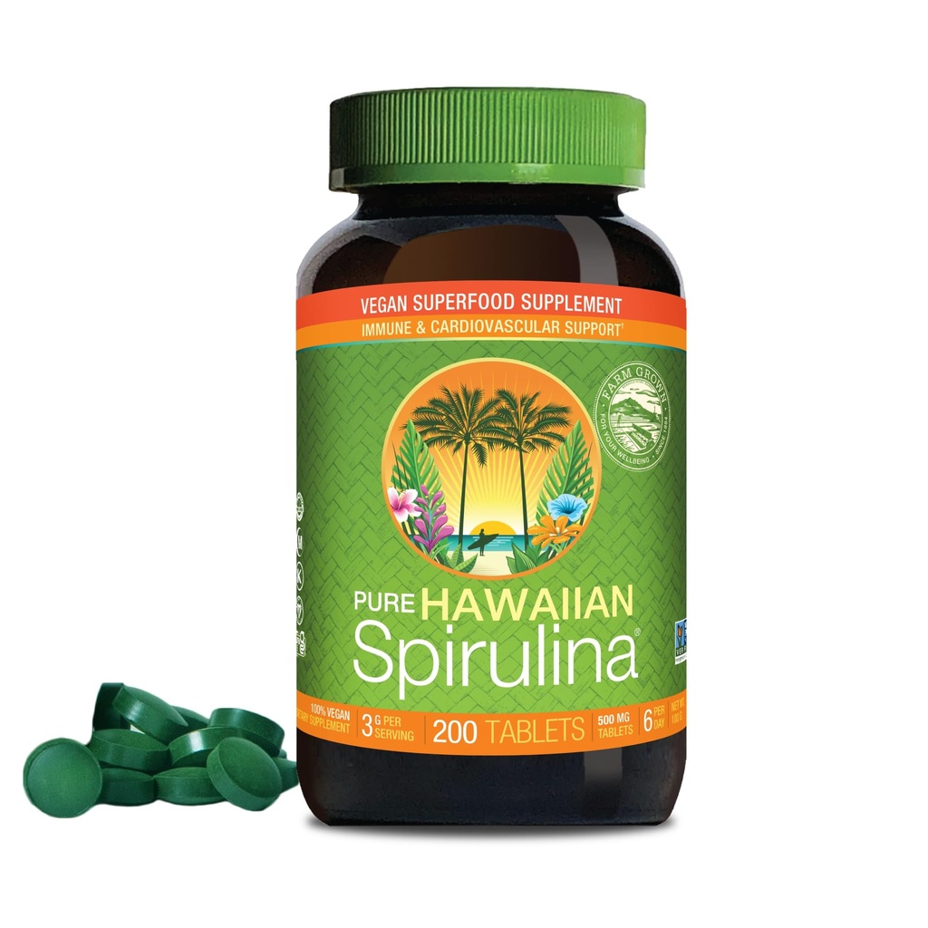 Nutrex Hawaii, ren hawaiisk Spirulina 500 mg, vegansk, støtter immunsystem, hjerte, celler og energi, 200 tabletter
