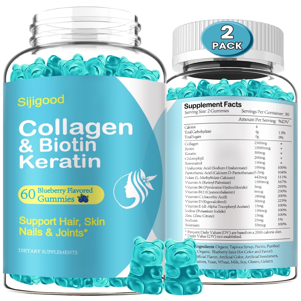 2 Pack Biotin Gummier med kollagen, Keratin, Hyaluronsyre, Vitamin for hud, Hårvekst, Nagler, Kvinner Voksne Kids - Blåbær Flavored, 120 Gummies