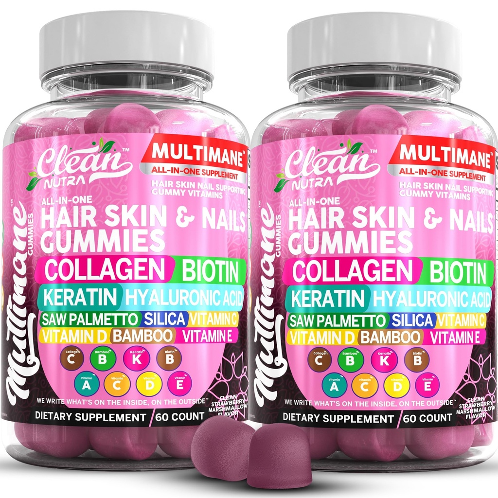 Multimane Collage Gummies med Biotin Keratin Hyaluronsyre Bamboo Vitamin A C vitamin D Vitamin E Folate Sag Palmetto Silica B3 vitaminer Håret og negler Gummies av Clean Nutra
