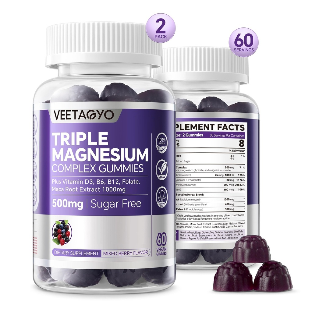 Magnesium Gummies 500 mg 400mg høy absorpsjon, Bein, Nerver, Muskel 3 Former av magnesiumkompleks Supplement Glycinat,Taurat,Malate | Voksne - Vegan,Sugarfri,120Cts
