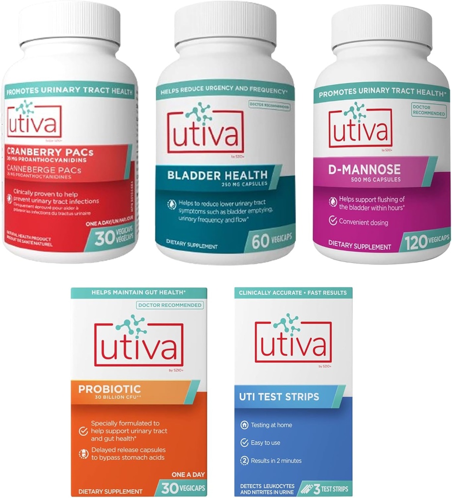 15% Bundle Utiva Cranberry PACs 30 Vegi kapsler + Utiva Bladder Helse 60 kapsler + Utiva D-Mannose 500mg 120 kapsler + Utiva Probiotic 30 forsinket frigjøring Vegi Kapsler + Utiva UTI Teststriper