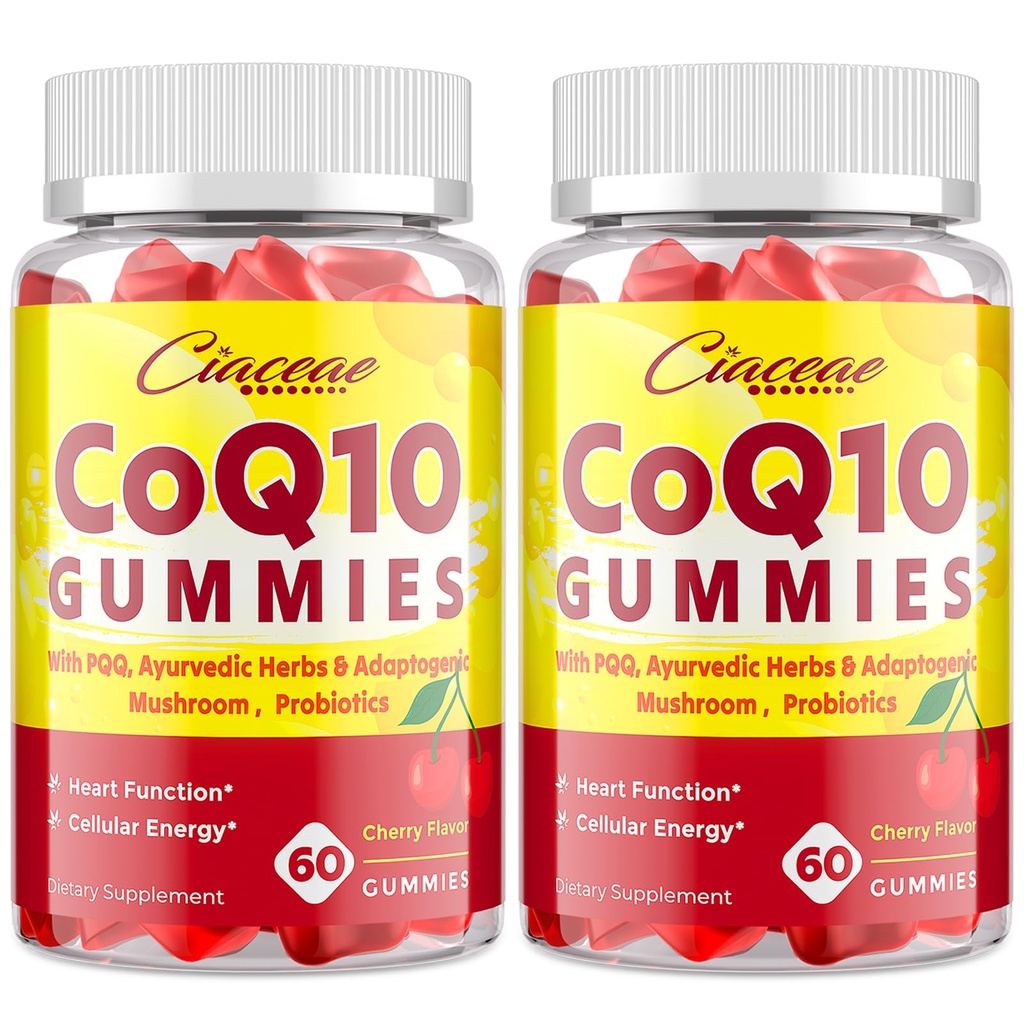 CoQ10 Gummies med PQQ - 400 MG Coenzym Q10 høy potens, forbedret med ayurvediske urter, Adaptogen Mushroom Blend & Probiotika for hjerte, hjerne, energi, immunisme, Cherry Flavor, 120 Vegan Gummies