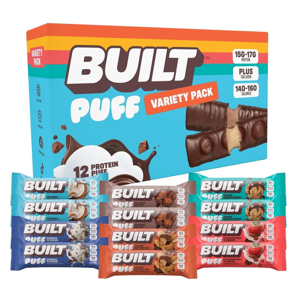 Bygget Bar, Puff Protein Bars, Variety Pack, Collage, On-the-go Snacks, Frokost Bar, Blandet prøvestykke, 12 Pack