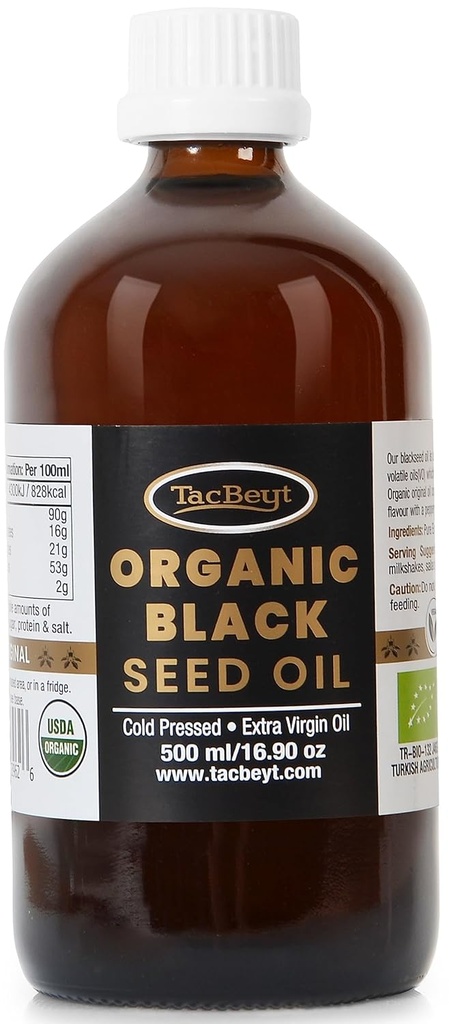 TacBeyt svart frøolje, organisk kaldt presset flytende, 2% Thymoquinon, 100% Original tyrkisk svart frøolje, USDA-sertifisert, Glutenfri, Ikke GMO, kaldtpresset, (original 16,90 fl Oz)