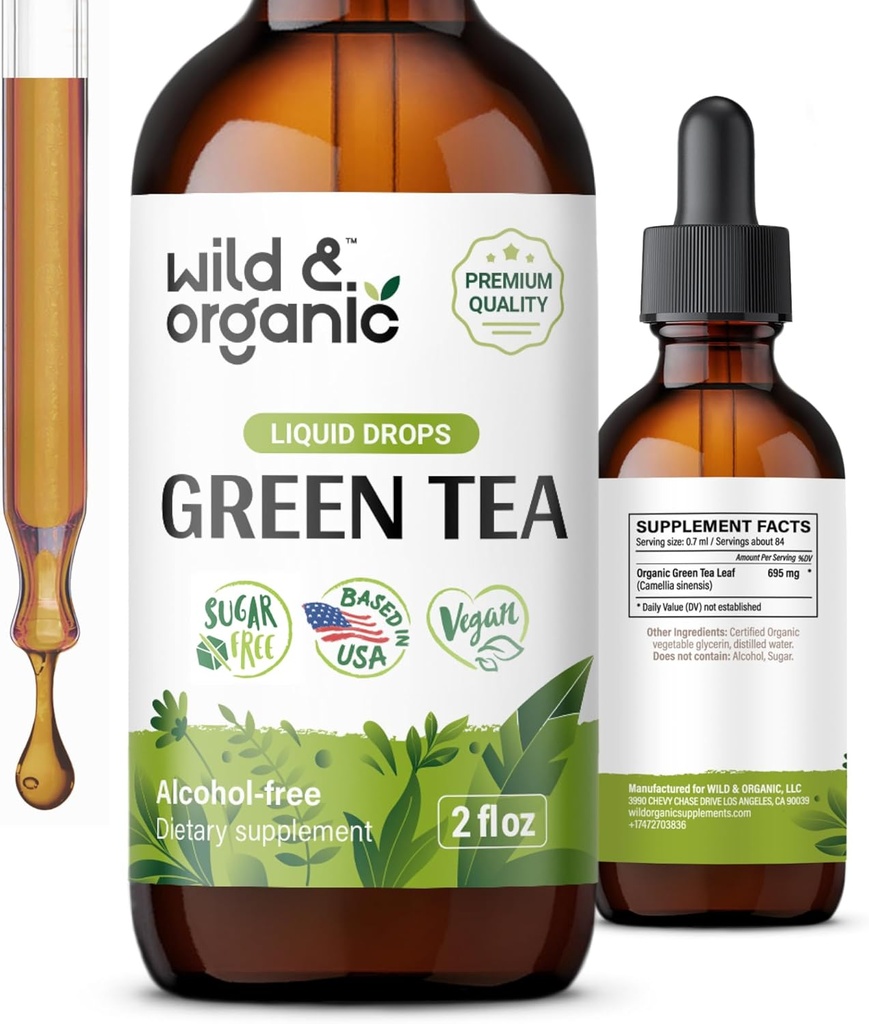 Wild & Organic Green Tea Ekstrakt flytende dråper - Antioksidant Supplement - Naturlig Grønn Te Supplementer v / Camelia Sinensis - Vegan, Sukker & alkoholfri Tinktur - 2 fl oz
