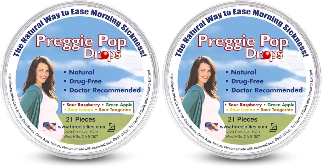 Tre Lollies Preggie Pop Drops - 21 Drops - Morgensykhet Relief under graviditet - Sikker for gravid mamma & baby - Glutenfri - Fire Flavors: sitron, bringebær, grønn Apple, Tangerine (Pack of 2)