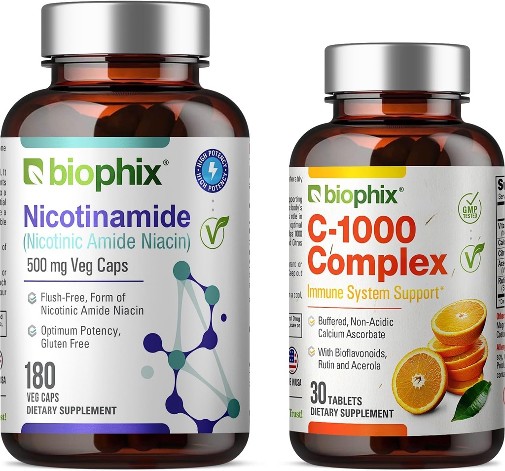 Biophix B-3 Nicotinamid 500 mg 180 Vcaps - Gratis vitamin C-1000 30 tabletter - Nicotinic amid Niacin naturlig flush-fri vitamin formel - støtter huden celle helse