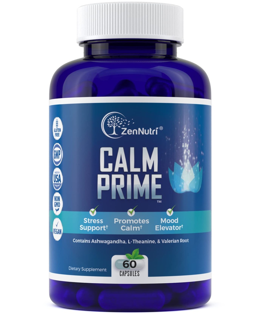 Calm Prime Stress Relief Supplement Ikke-Drowsy | Mood Support Supplement | Mood Boost | Vegan Daytime Stress Supplementer Calm Aid | Stress Vitaminer - Ashwagandha, Valerian Root - 60 Count