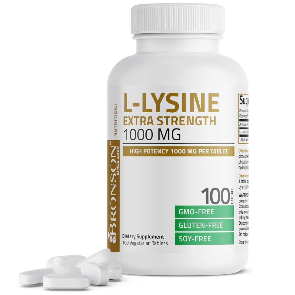 Bronson L-Lysine ekstra styrke 1000 MG per tablett høy styrke, immunsupport og støtter kollagensyntese, ikke-GMO, 100 vegetariske tabletter