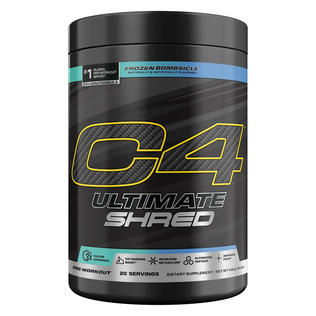 Cellucor C4 Ultimate Shred Før Trening pulver, Metabolisme Supplement med Cayenne ekstrakt + 300mg koffein + teaCrine + dynamin - Frozen Bombsicle, 20 serveringer