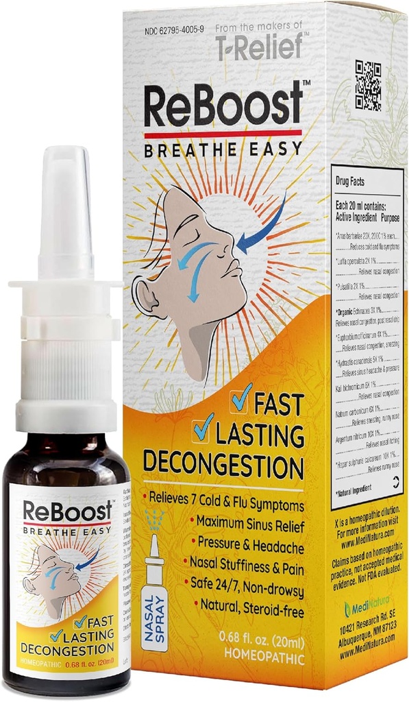 ReBoost Breath Easy Decongestion Nasal Spray Raskt implementerende Cold & Flue Symptom Relief Naturlig Homeopatiske ingredienser Hjelpe rolig kongestiv, hodepine og sinus trykk - 0.68 oz