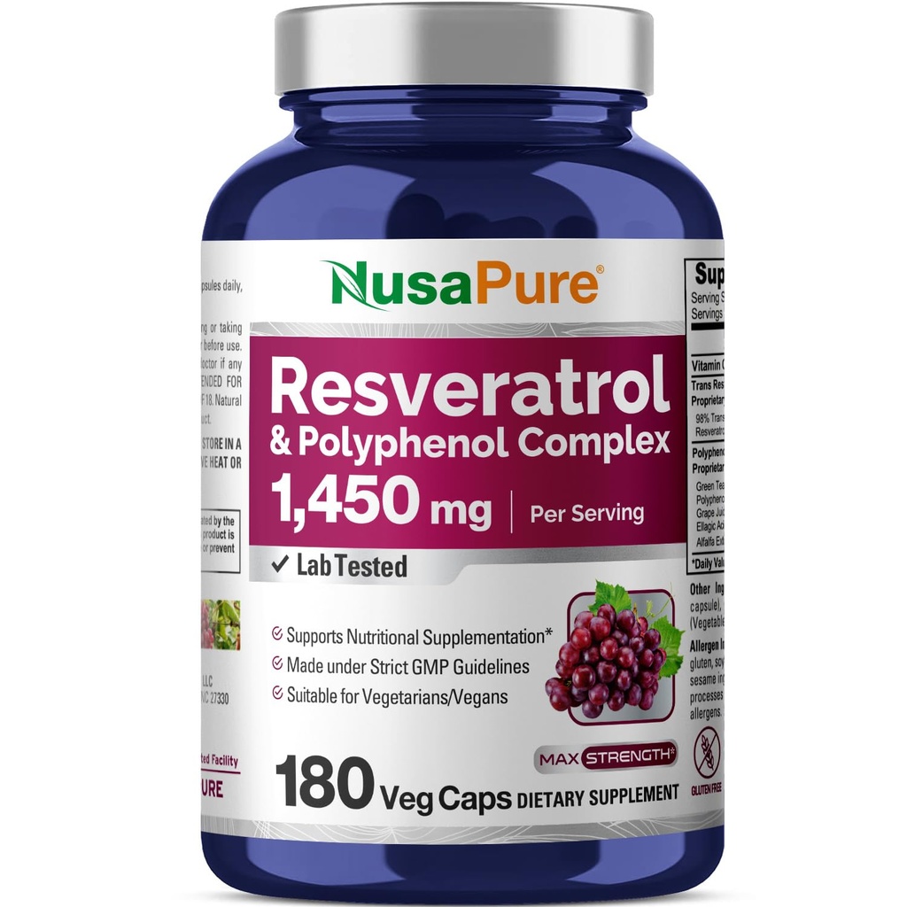 NusaPure Resveratrol & Polyphenol Complex 1450mg 180 Vegetariske Caps (Non-GMO, Vegan) Vitamin C
