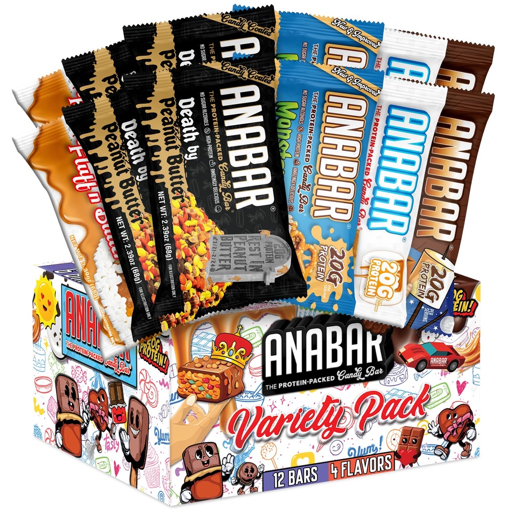Anabar Protein Bar, Protein-pakket Candy Bar, Verdens beste Tastende Protein Bar, Ingen sukkeralkoholer, høyt protein, Fantastisk Delicious, 20 gram protein (12 Bars, Variety Pack)