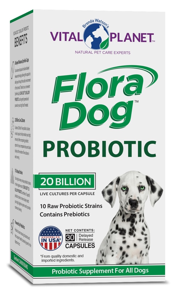 Vital Planet - Flora Dog Probiotic Capsules Supplement med 20 milliarder kulturer og 10 Strains, høy potens immun og digestiv støtte Probiotika for hunder, 30 forsinket releasekapsler