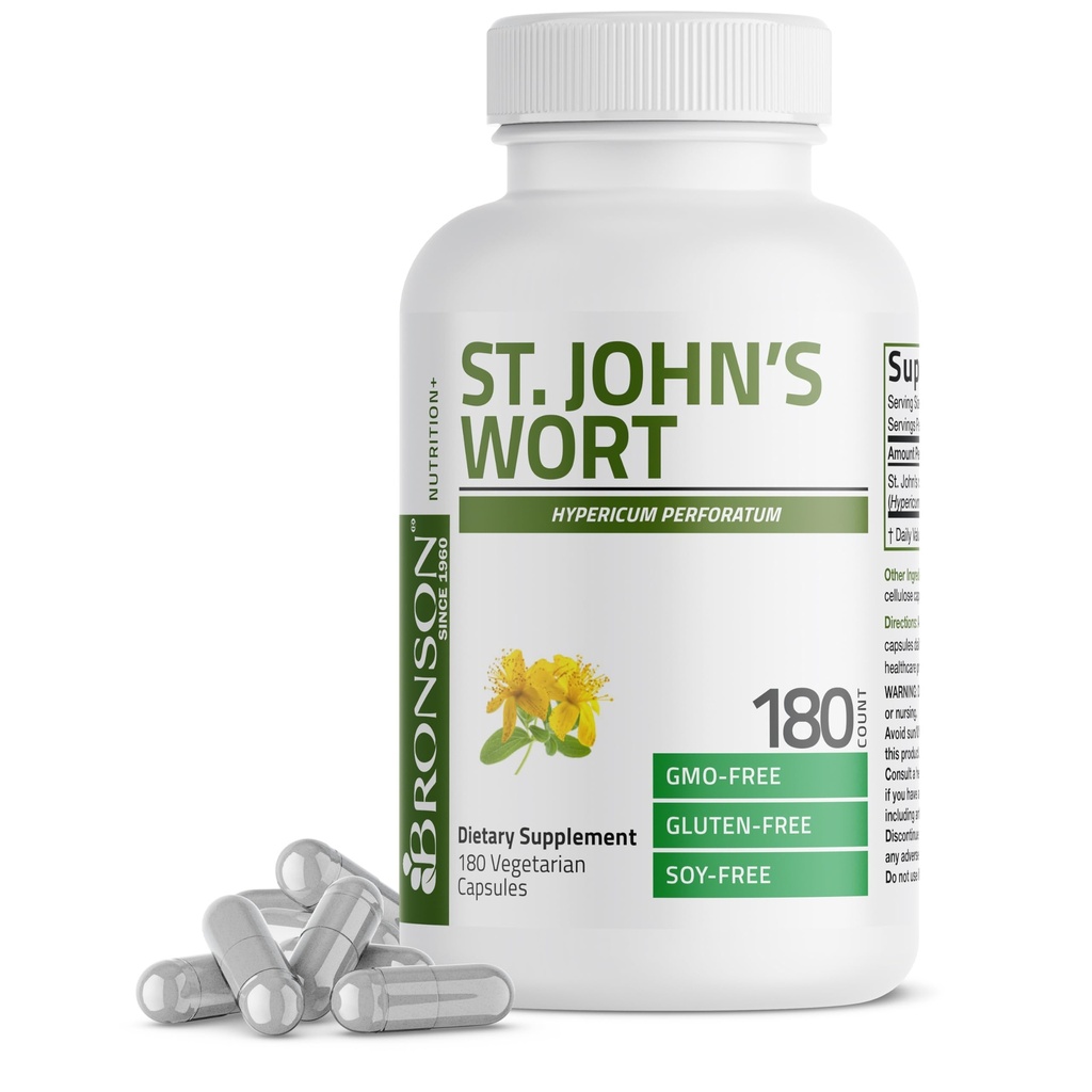 Bronson St. John's Wort 700 MG per servering Hypericum Perforatum støtter et positivt humør - ikke-GMO, 180 vegetariske kapsler