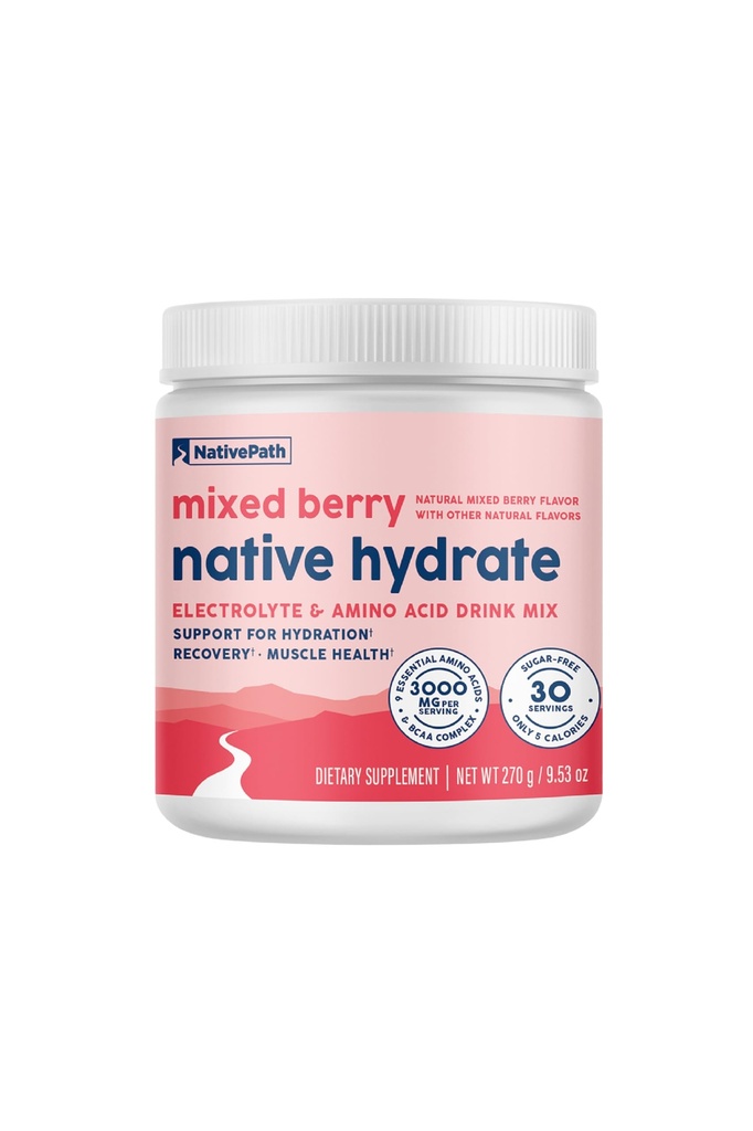 NativePath Hydrate, Zero Sugar, Electrolytes pulver med BCAA, Blandet Berry Hydration, Keto & Paleo Vennlig, 30 Services