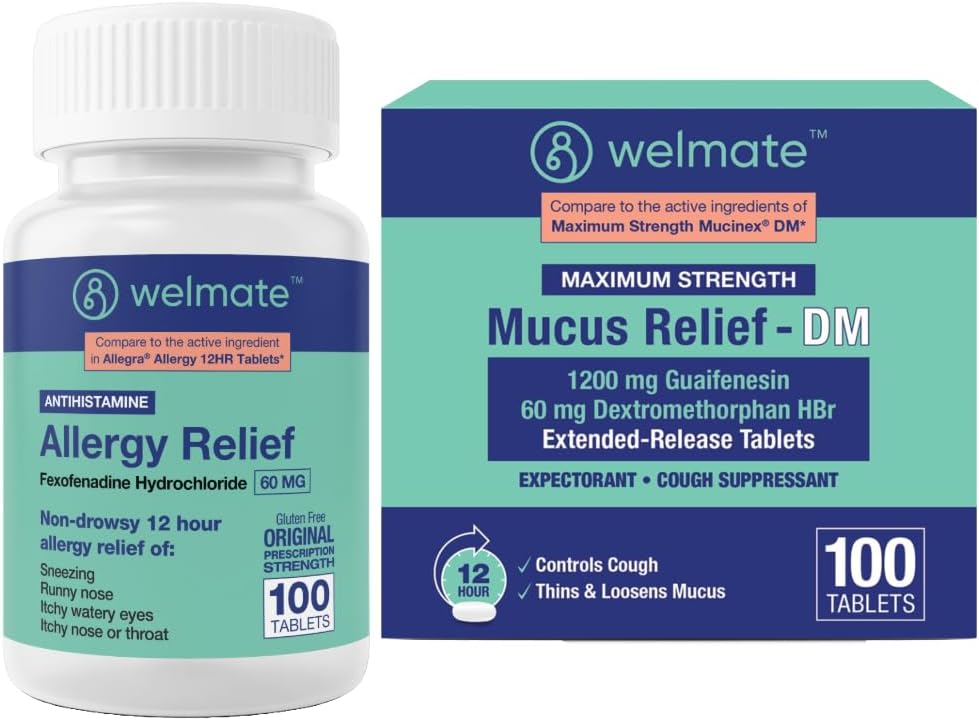 WELMATE Total Respiratorisk Helse Bundle: Allergi Relief Fexofenadin HCl 60mg (100 Ct) 12-timers ikke-drowsy Antihistamin + maksimal styrke Mucus Relief DM 1200mg Guaifenesin & 60mg DXM (100 Ct)
