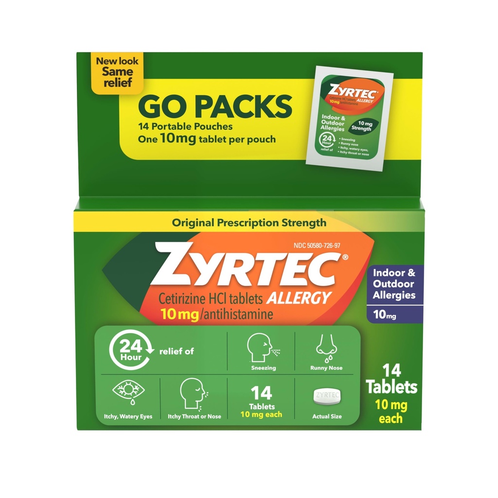 Zyrtec 24-timers Allergi Relief Tabletter, Antihistaminer Innendørs og Utendørs Antiallergi medisin + Cetirizine HCl, Relief fra Runny Nese, Sneezing, & kløende øyne, Enkeltpakker, 14 x 1 ct pakker