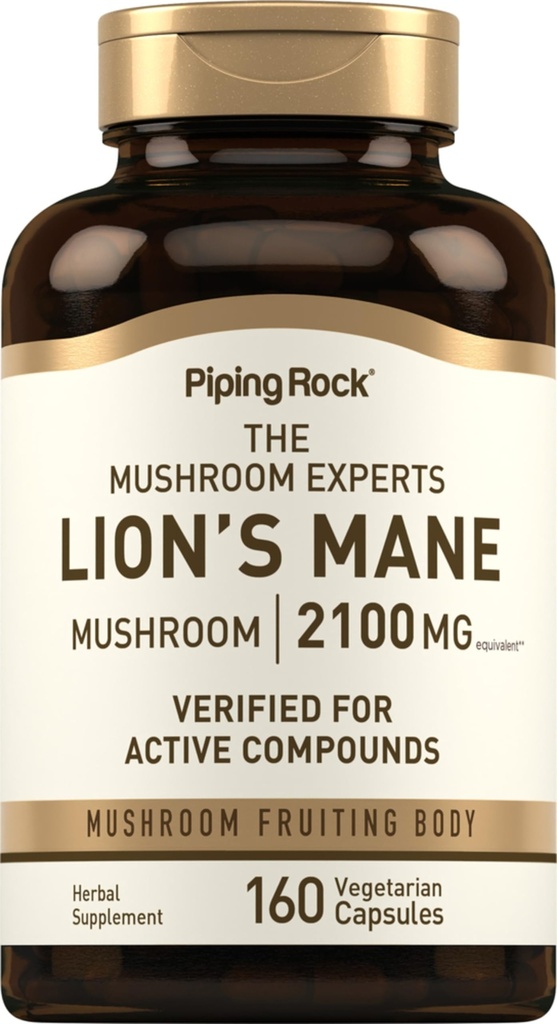 Piping Rock Lions Mane Mushroom Supplement | 2100mg | 160 kapsler | Ekstrakt for kvinner og menn | Vegetarisk, Ikke GMO & Glutenfri
