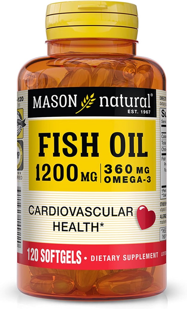 MASON NATURAL Fish Oil 1200 mg Omega-3 360 mg - Sunn hjerte, støtter sirkulatorisk funksjon, forbedret kardiovaskulær helse, 120 Softgels