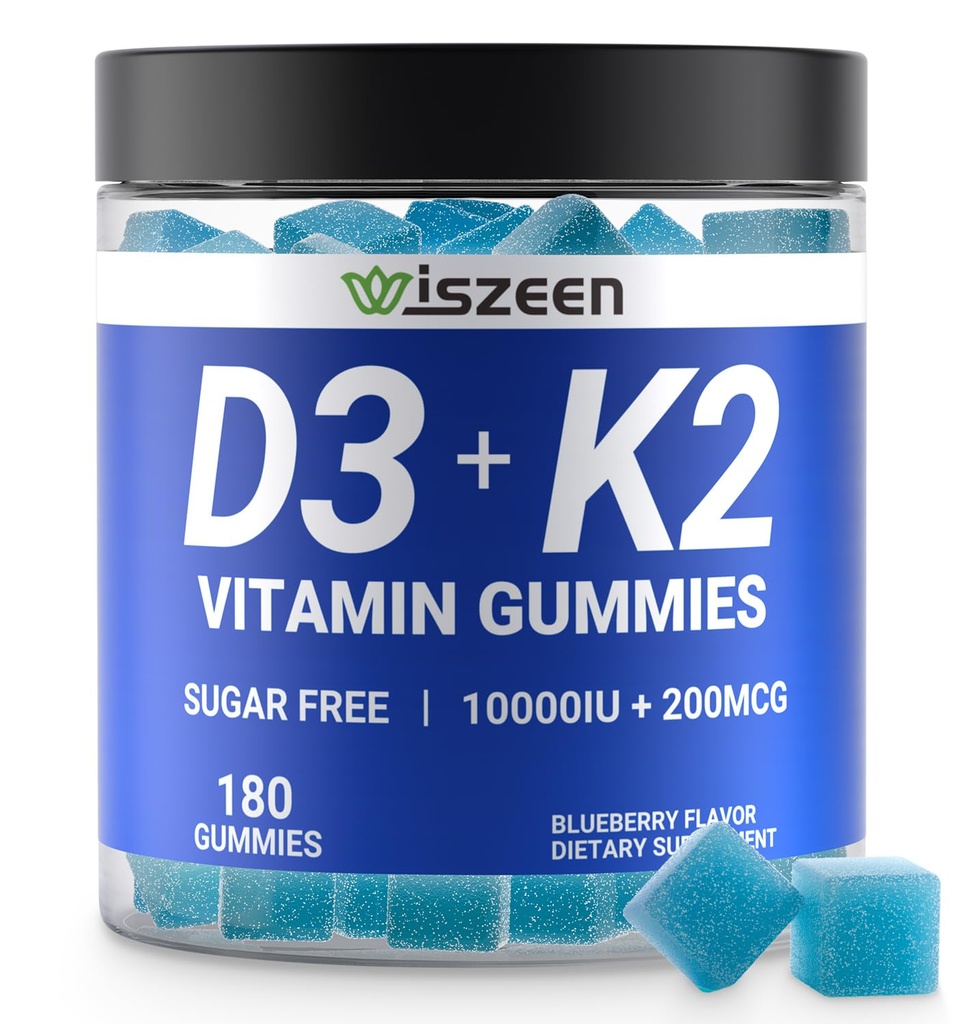 Sugar-fri vitamin D3 K2 Gummies, vitamin D3 10000iu og vitamin K2(MK7) 200mcg med kalsium, magnesium, vitamin B12 for benmuskeltenner immun, vegansk