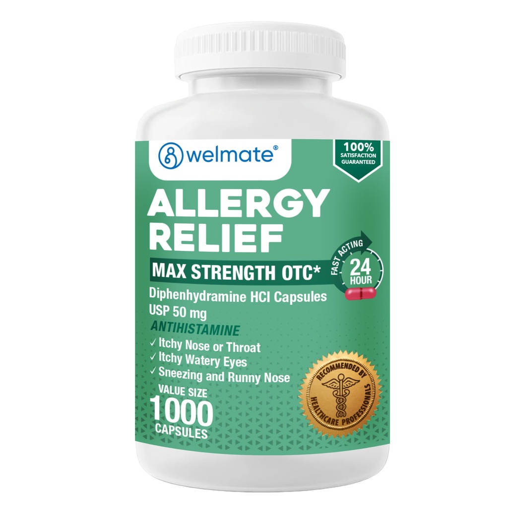 WELMATE Allergy Relief - Diphenhydramine 50 mg - 1000 Count Capsules - Antihistaminer - Allergi & kalde symptomer - Sneezing, Runny Nese, Itchy Eyes & Throat