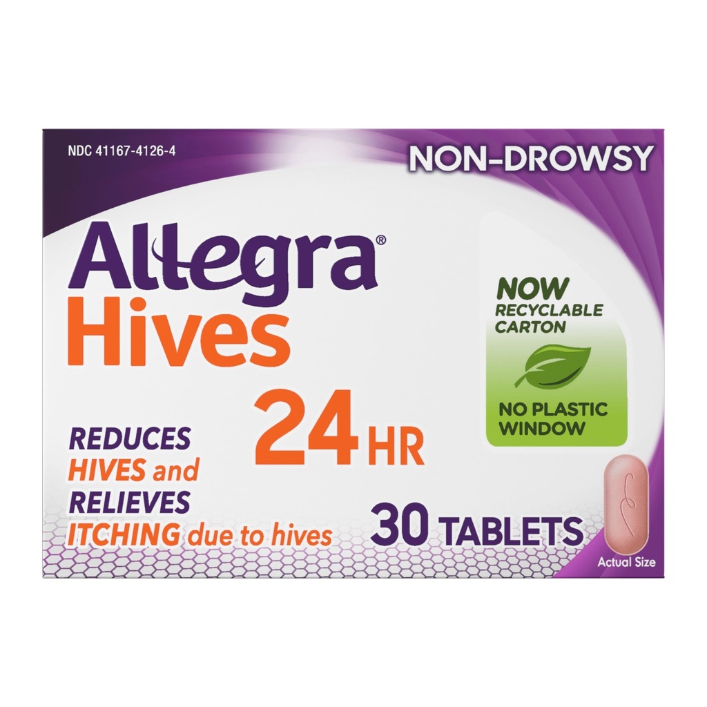 Allegra Hives Antihistamin 24-timers tabletter, ikke-Drowsy Hive Reduksjon og Hive Itch Relief, 180 mg Fexofenadin HCI, 30-tallet