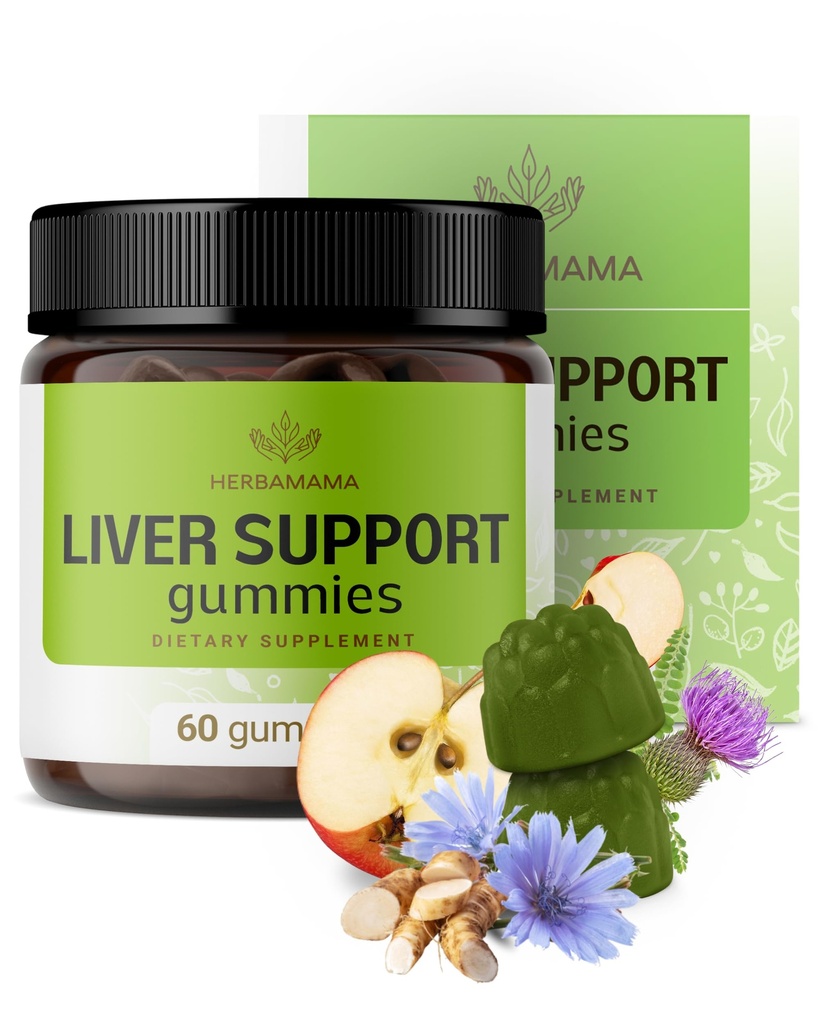 HERBAMA Liver Support Gummies - Herbal Complex for Liver Detox og Cleanse - Vegansk, ikke-GMO generell støtte Supplement - 60 Pectin-basert Apple-Flavored Chews