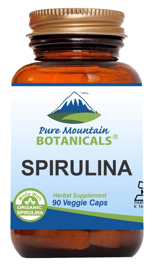 Pure Mountain Botanicals Spirulina Kapsler - 90 Kosher Vegan Caps - nå med 450 mg organisk Spirulina pulver - Naturens Superfood Supplement