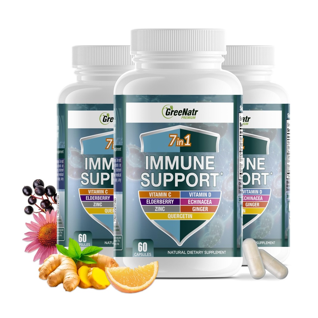 GreeNatr Immun Support Supplement med vitamin C, D3, sink 50mg, Quercetin, Echinacea Purpurea, Sambucus Elderberry og Ginger for komplett immunforsvar - 60 kapsler (3 flasker)