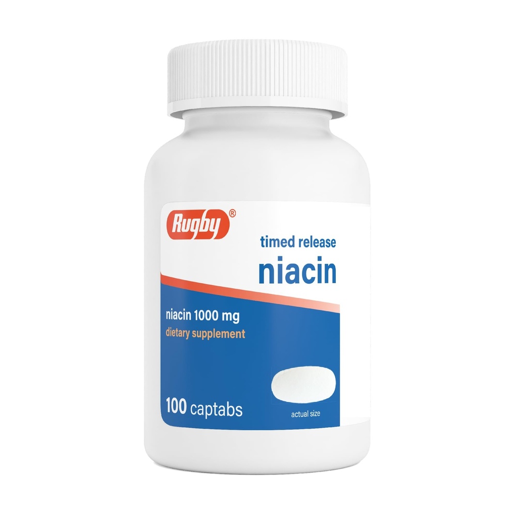 Rugby Timed-General Niacin 1000mg Kosttilskudd for voksne for energi, sirkulasjon og metabolisme støtte, 100 Captabs (pakke med 1)