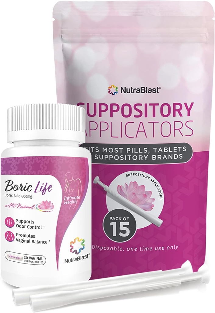 NutraBlast Boric Acid Vaginal Suppositories 600mg Bundle med applikator, 30 Suppositorier og 15 Applikatorer - Feminin Care - laget i USA