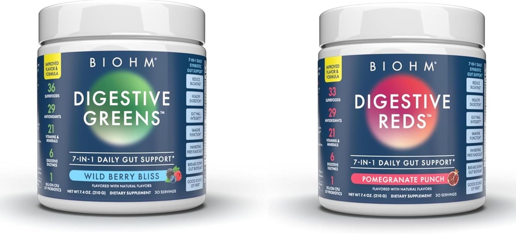BIOHM Essential Bundle, Digestive Reds and Greens, Superfood Powder, Antioksidanter, Vitaminer, Probiotika, Digestive Helse for menn og kvinner, Digestion Supplement med enzymer, 30 Serveringer Hver