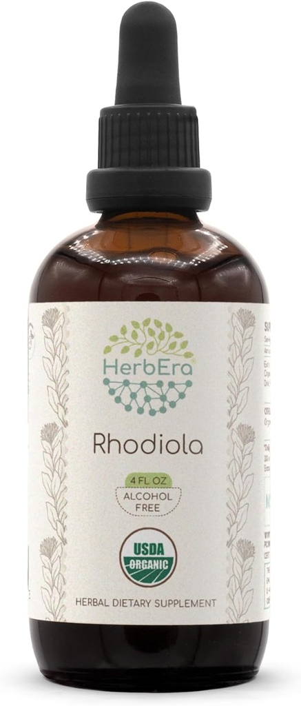 HerbEra Rhodiola B120 USDA Økologisk Tinktur | Alkohol-fri ekstrakt, høy potens Herbal Drops | Certifisert organisk Rhodiola (Rhodiola Rosea) Tørket rot (4 fl oz)